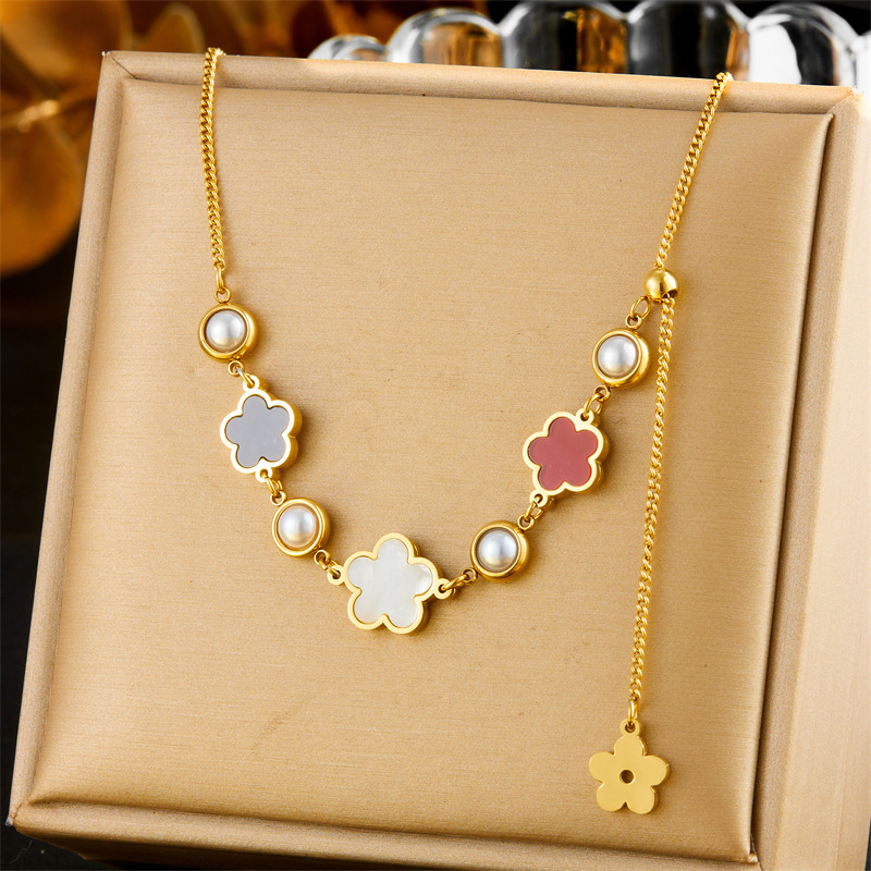 European and American cross-border fashion white shell five-petal flower accessory pendant long tassel chain stainless steel gold-plated jewelry necklace