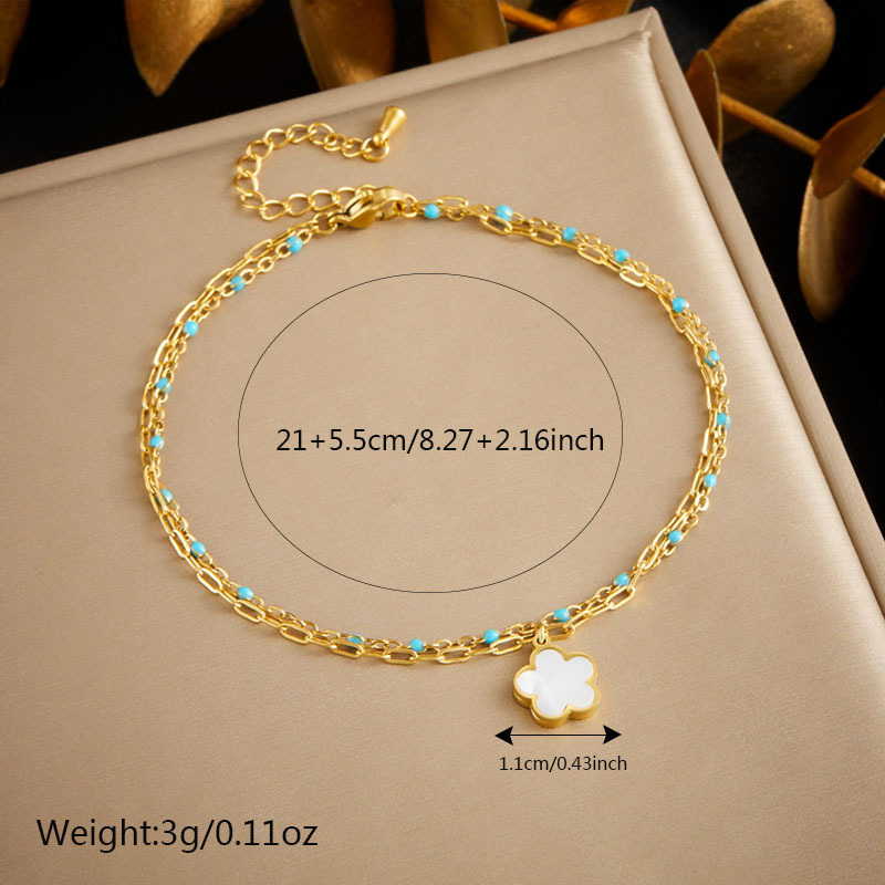Fashionable, retro, simple, versatile, double-layered, turquoise, gold-plated chain, stainless steel butterfly and flower pendant anklet.