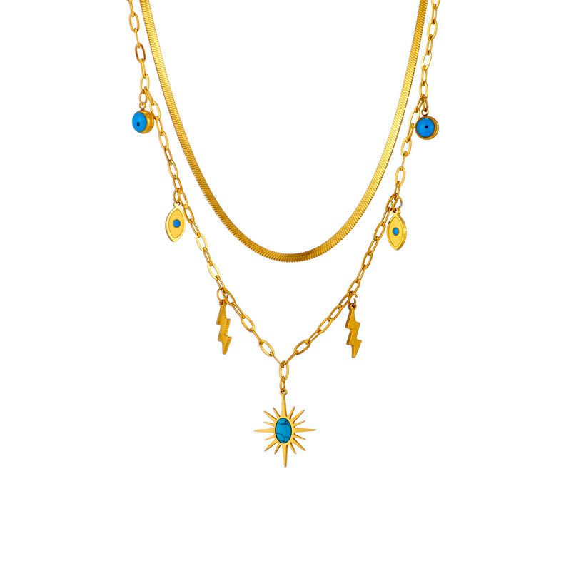 New cross-border European and American style, minimalist, niche, retro turquoise eye lightning pendant, titanium steel multi-layer necklace