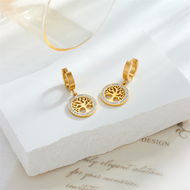 European and American style, light luxury, high-end round diamond-encrusted Tree of Life earrings, simple and retro style.