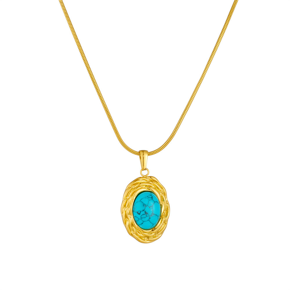 European and American cross-border retro high-end oval blue turquoise geometric pendant snake bone chain stainless steel gold-plated necklace