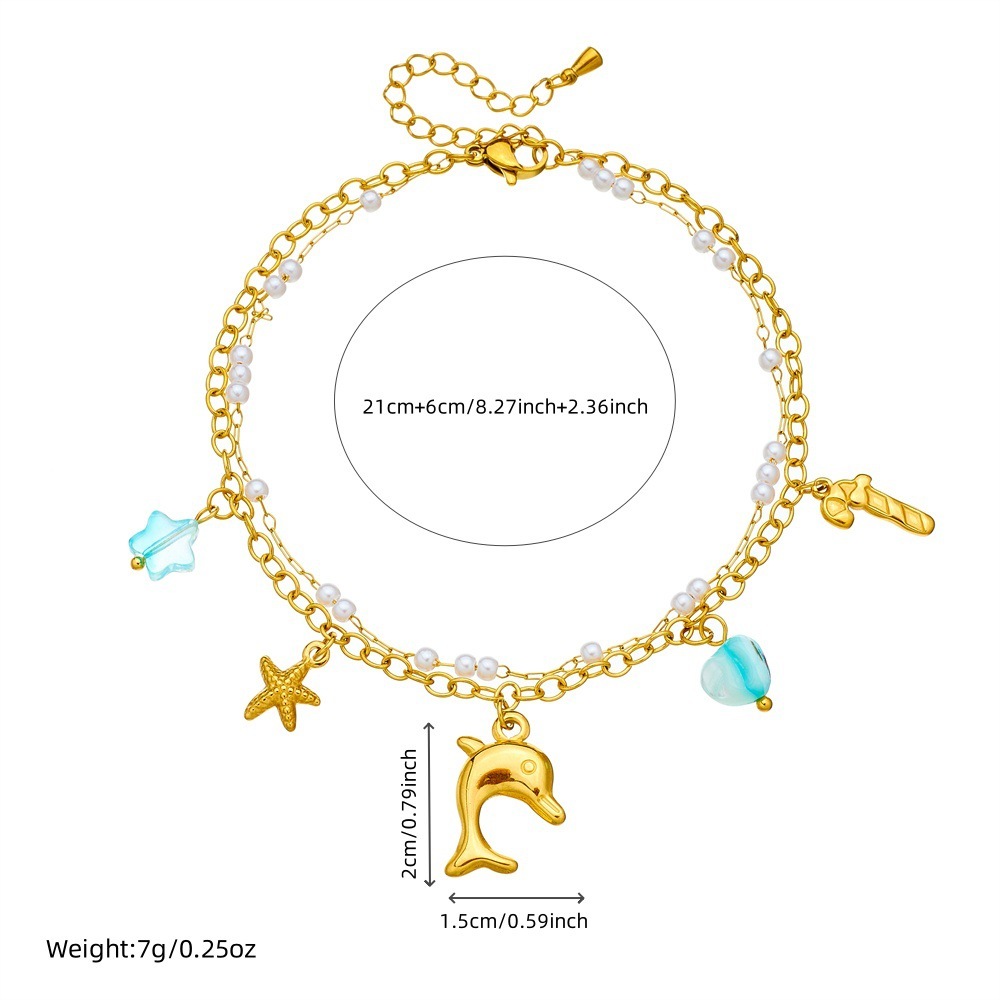 Fashionable new cross-border style beach and ocean theme seashell dolphin starfish stacked chain double layer stainless steel anklet for women