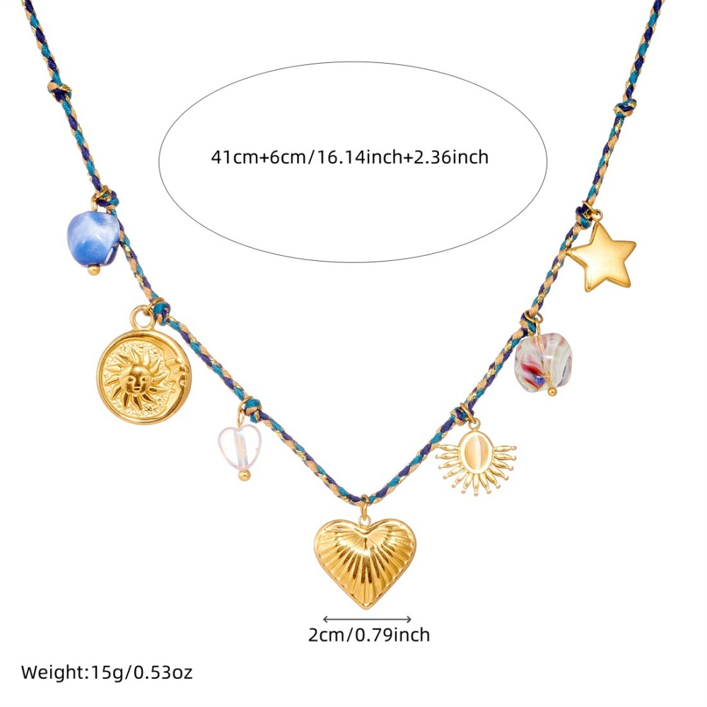 Cross-border fashion bohemian retro style colorful rope braided chain gold-plated stainless steel multi-element pendant set