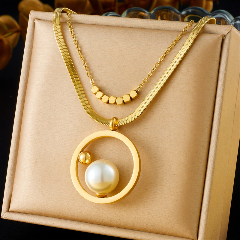 Fashionable, cross-border, light luxury, elegant round pearl gold bean clavicle chain, double-layered necklace, earrings, and ring set.