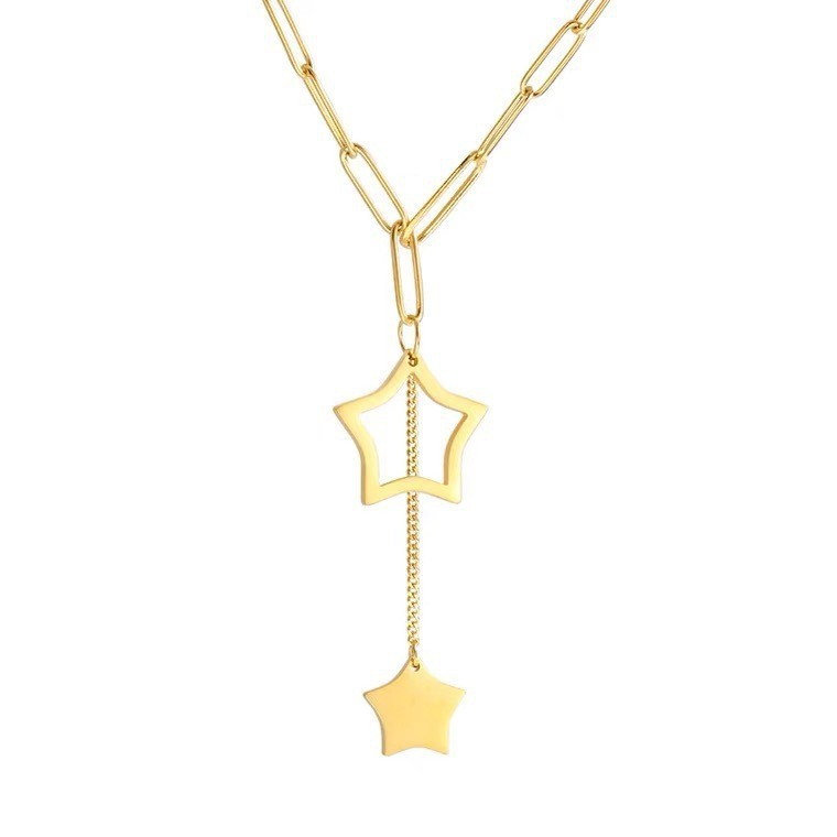 Korean style minimalist and elegant hollowed-out five-pointed star tassel pendant titanium steel necklace, fashionable and versatile, unique clavicle chain.