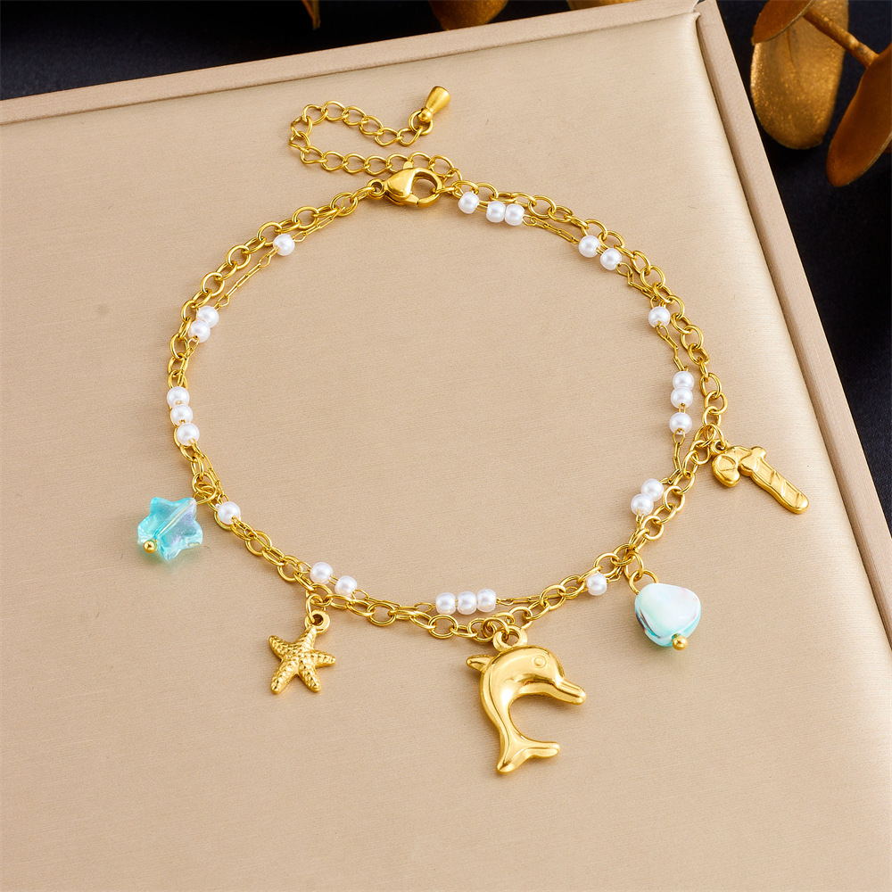 Fashionable new cross-border style beach and ocean theme seashell dolphin starfish stacked chain double layer stainless steel anklet for women
