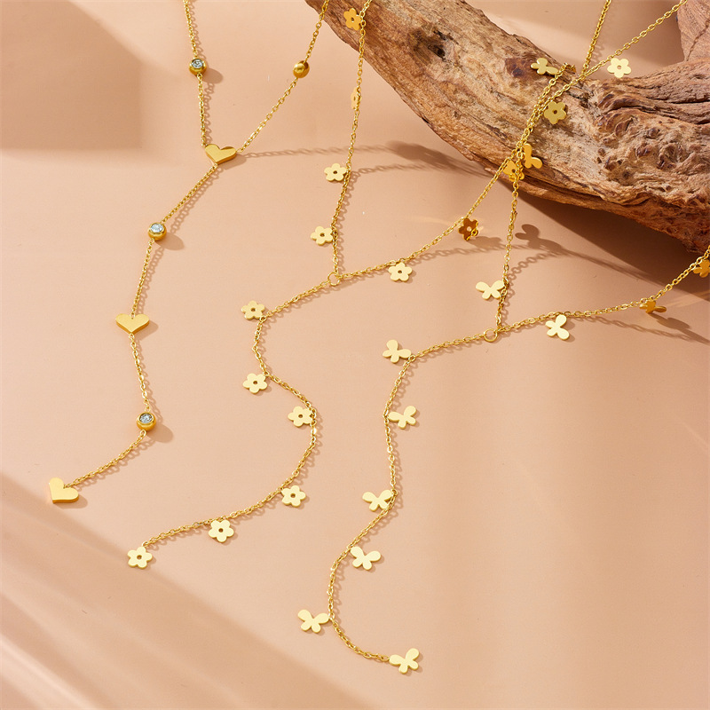 Cross-border fashion, simple and versatile, gold-plated stainless steel flower, butterfly, heart, Y-shaped chain bracelet necklace