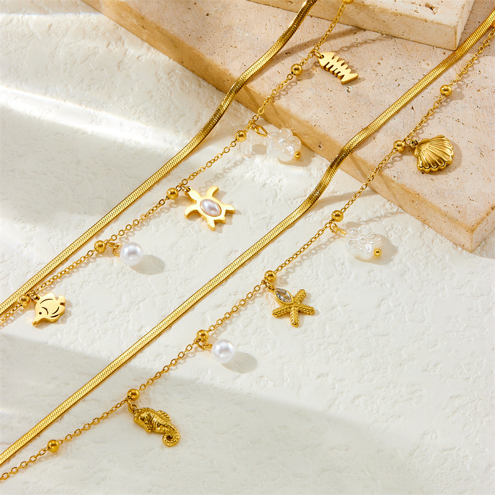 Cross-border fashion minimalist gold-plated beach style multi-layered marine life pendant seashell starfish stainless steel anklet