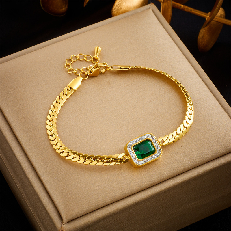 European and American style niche minimalist individual high-end retro green square diamond gemstone twisted titanium steel bracelet