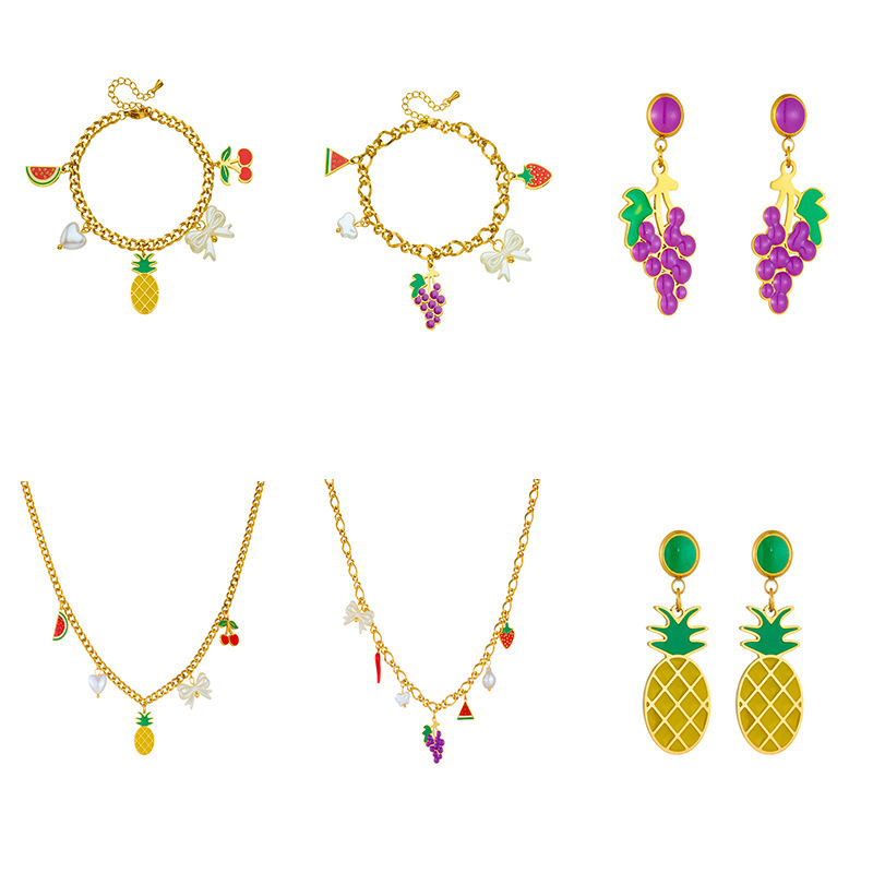 Cross-border fashion creative cartoon cute dripping fruit grape pineapple cherry bow seashell jewelry set