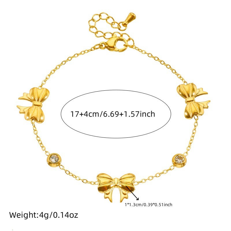 Japanese and Korean style minimalist gold-plated retro round diamond bow accessory chain stainless steel bracelet earring necklace jewelry set