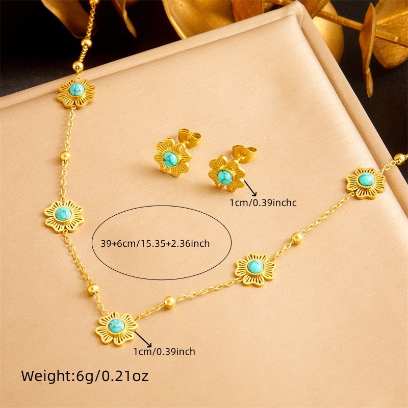 Cross-border fashion niche retro blue turquoise accessories flower gold-plated chain stainless steel necklace earring bracelet set