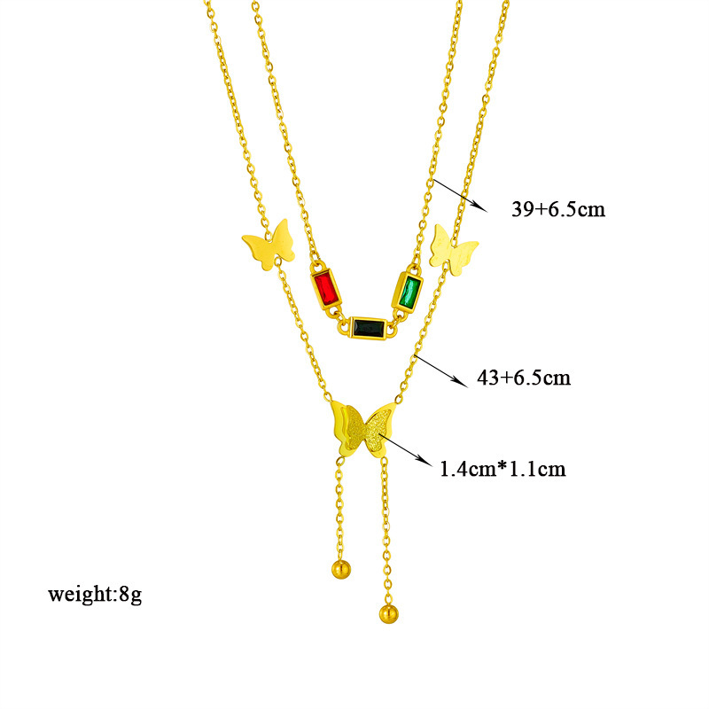 Korean style fashionable colored diamond double-layer smooth frosted three-dimensional butterfly tassel clavicle chain, elegant and versatile necklace