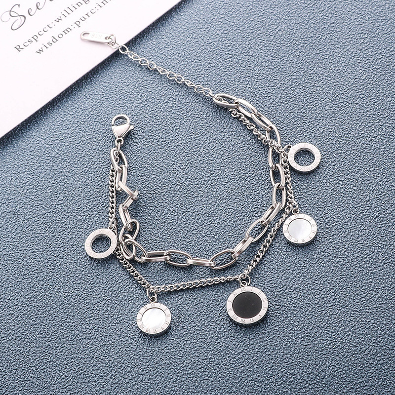 European and American style, simple and unique double-layered irregular round pendant hollowed-out metal titanium steel chain bracelet