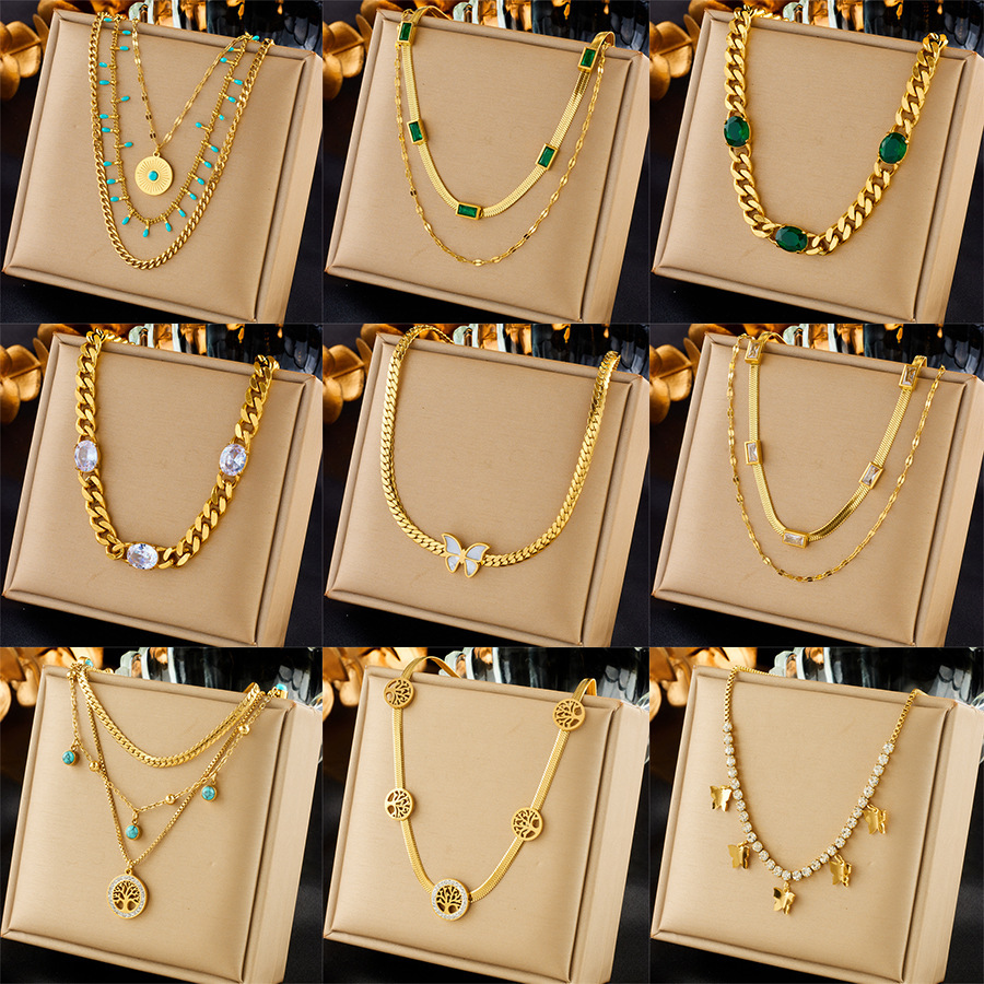 European and American fashion niche retro minimalist design multi-layered chain necklace with green diamond accessories