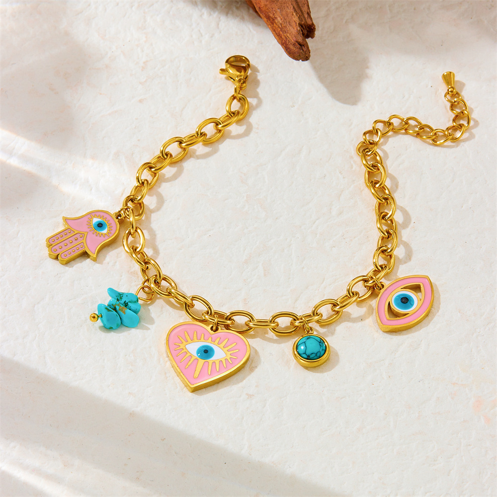 Cross-border fashion personalized oil-drop pink heart eyes blue turquoise pendant stainless steel necklace earrings bracelet set