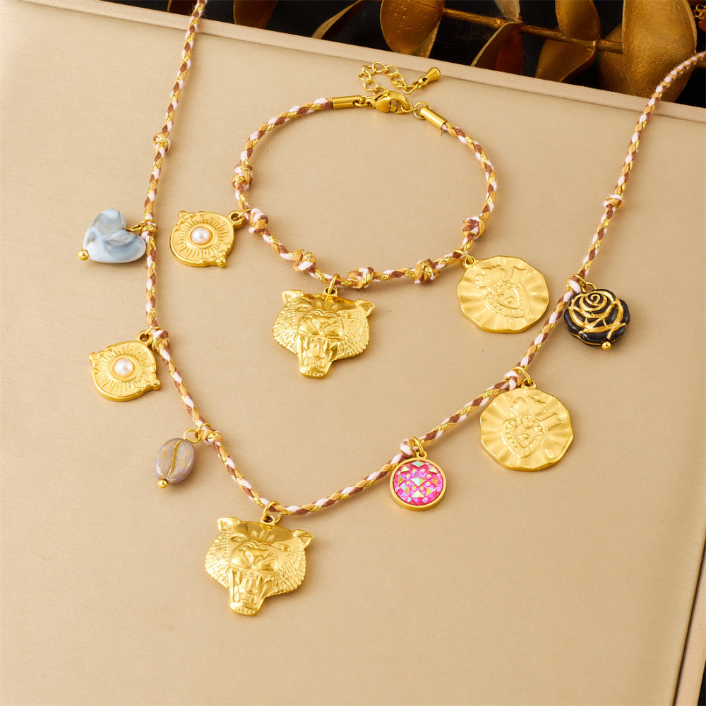 Cross-border fashion bohemian retro style colorful rope braided chain gold-plated stainless steel multi-element pendant set