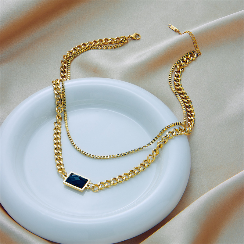European and American cross-border high-end retro light luxury minimalist rectangular black diamond double-layer titanium steel non-fading chain necklace