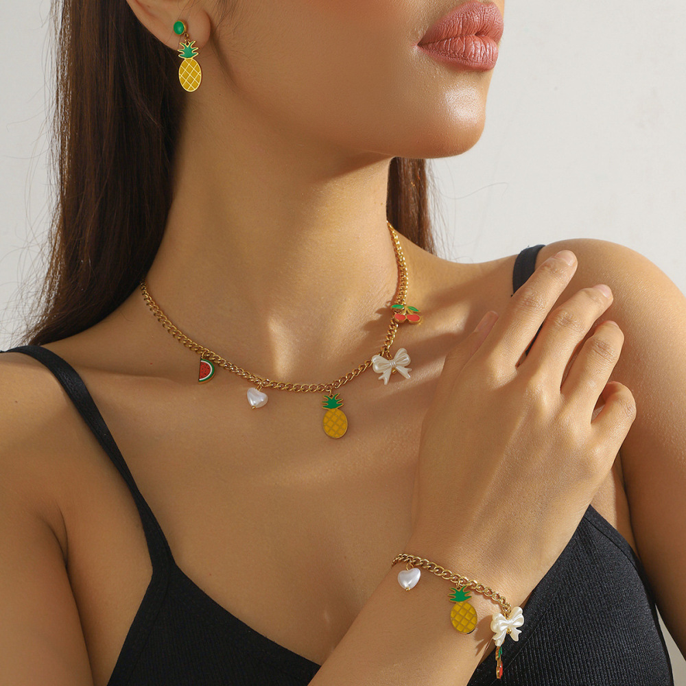 Cross-border fashion creative cartoon cute dripping fruit grape pineapple cherry bow seashell jewelry set