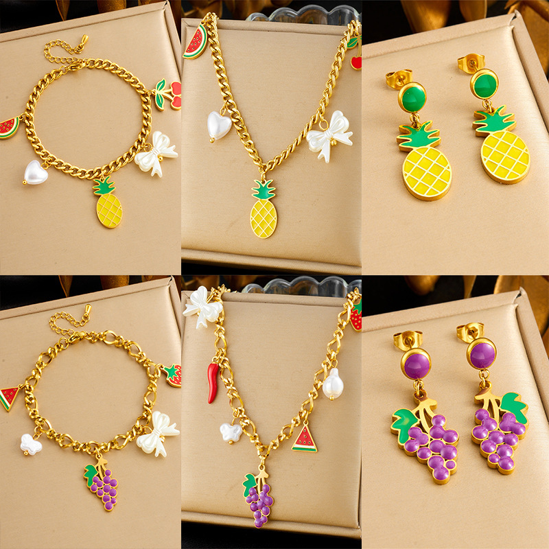 Cross-border fashion creative cartoon cute dripping fruit grape pineapple cherry bow seashell jewelry set