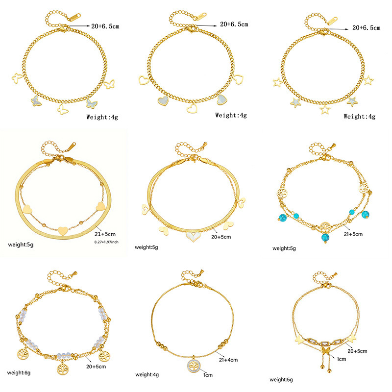 Cross-border fashion heart-shaped white shell tree of life butterfly pendant stackable chain stainless steel jewelry for women's anklet
