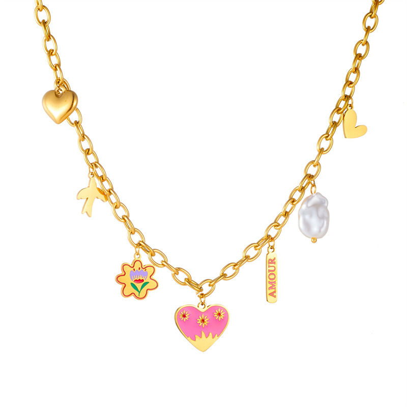 Korean style fashionable cartoon cute painted heart flower bird pearl pendant chain stainless steel necklace