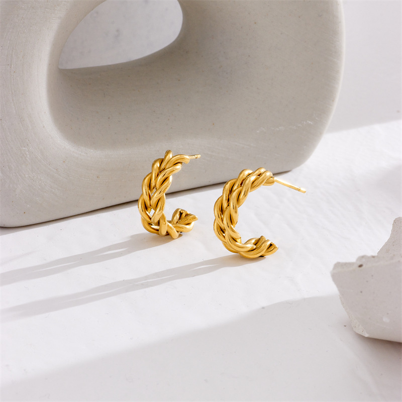 Stylish, versatile, and sophisticated minimalist woven cable knit gold-plated stainless steel earrings