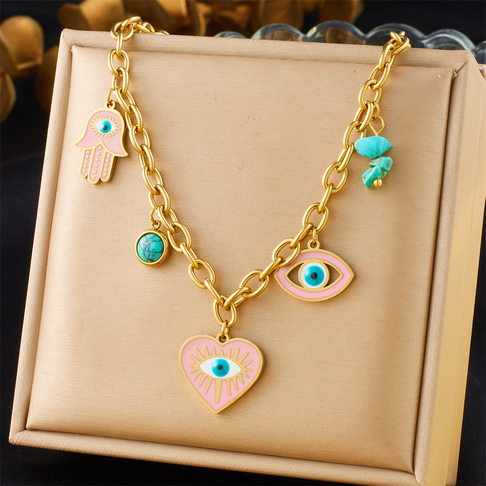 Cross-border fashion personalized oil-drop pink heart eyes blue turquoise pendant stainless steel necklace earrings bracelet set