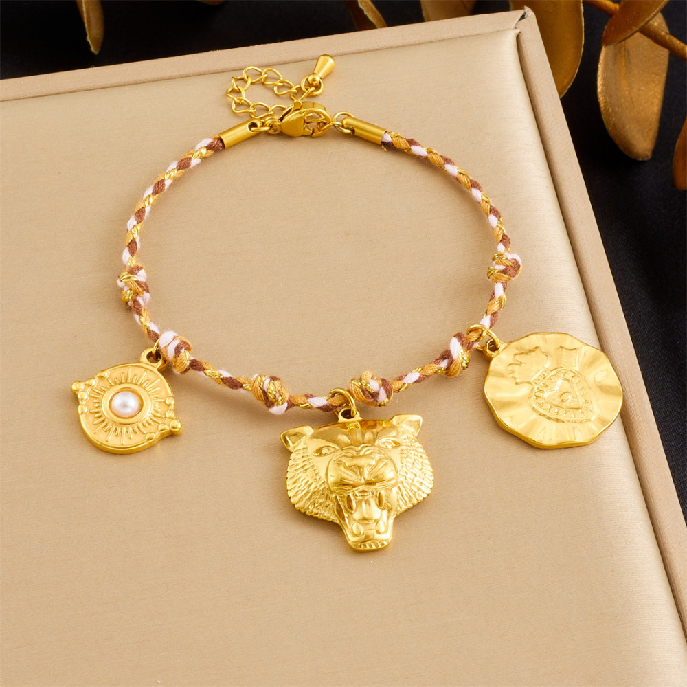 Cross-border fashion bohemian retro style colorful rope braided chain gold-plated stainless steel multi-element pendant set