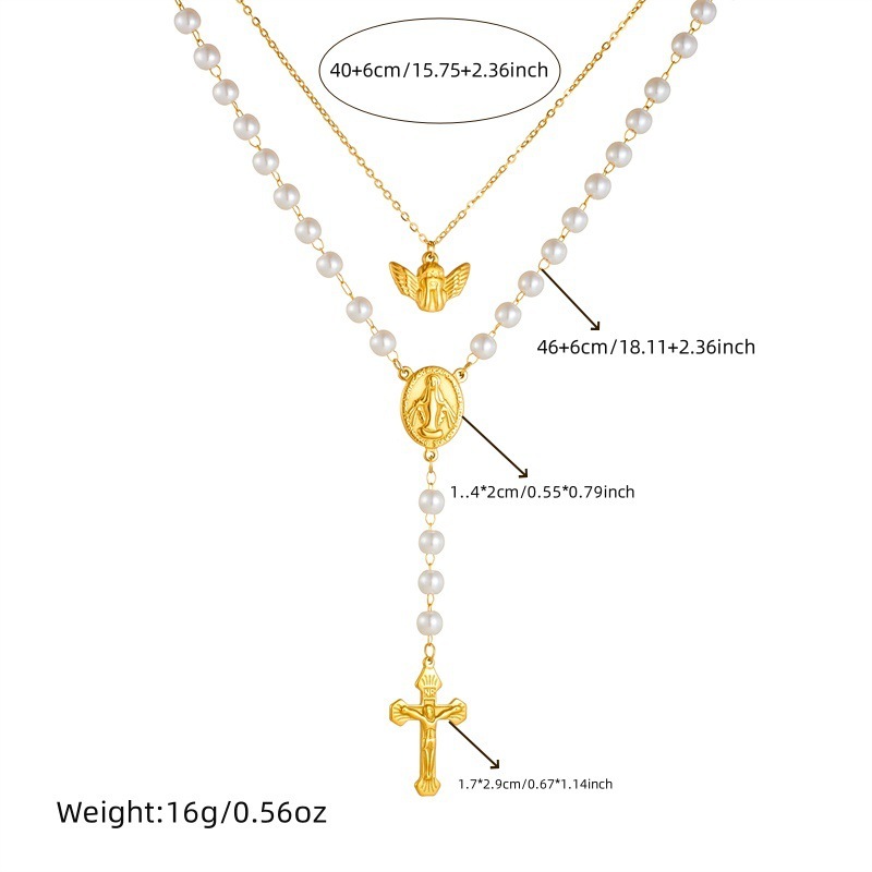 European and American style oval portrait brand retro double-layered angel pearl chain tassel cross stainless steel jewelry necklace