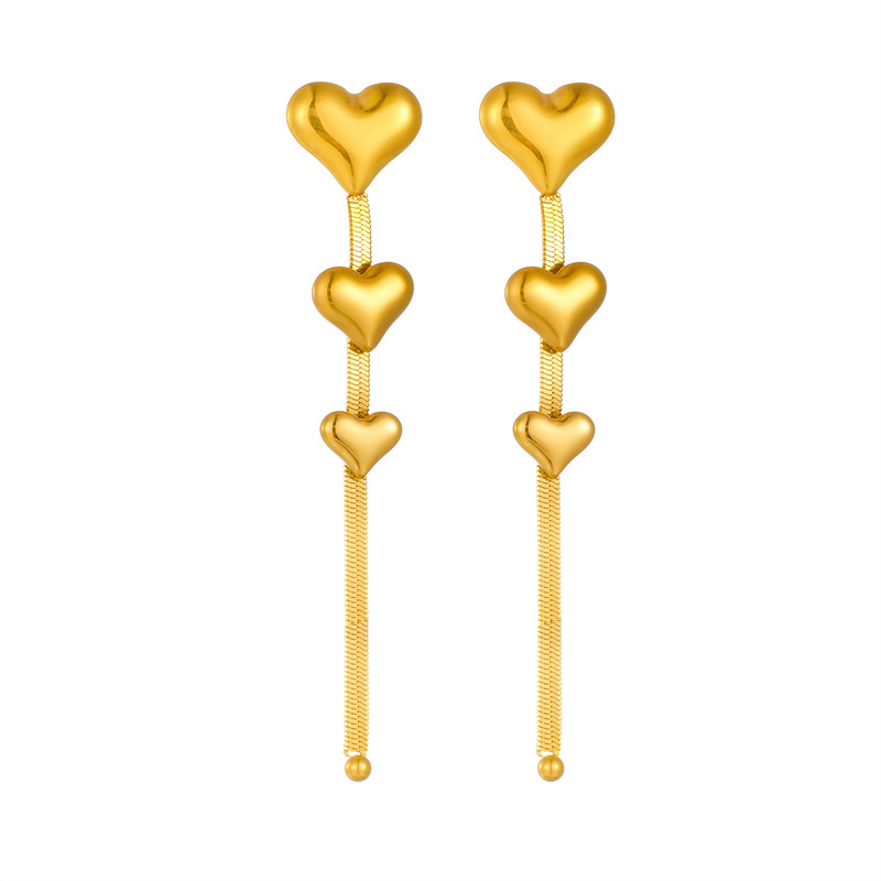 European and American fashion niche design long chain tassel heart accessory titanium steel gold-plated earrings