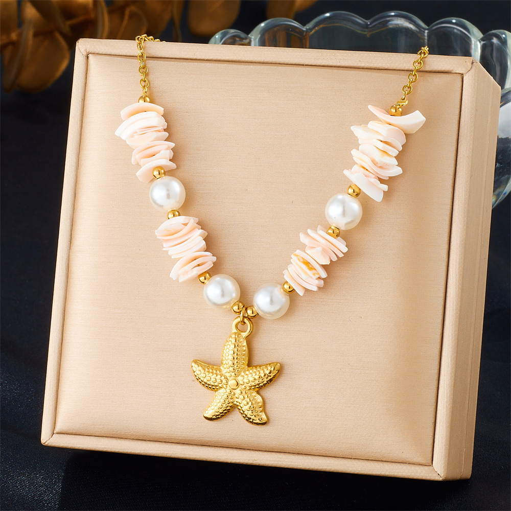 Cross-border fashion beach vacation style seashell starfish sun cherry heart multi-element stainless steel necklace