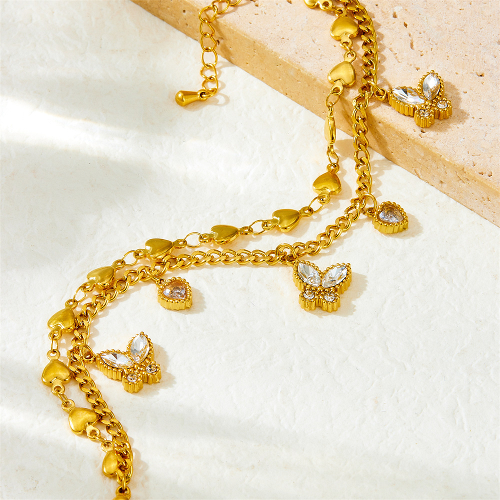 Cross-border fashion stainless steel heart double-layer stacked jewelry, diamond-encrusted butterfly heart, colorfast accessory bracelet