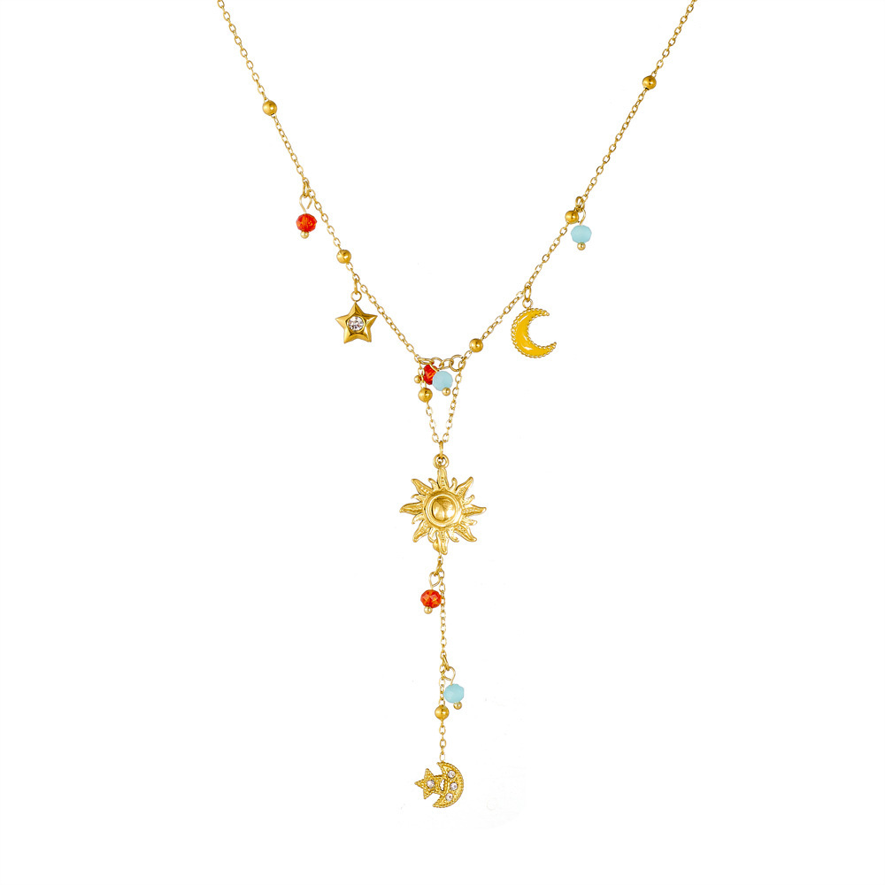 Korean style fashionable colored glass rhinestone geometric pendant with dripping strawberry fruit design, gold-plated stainless steel Y-shaped necklace.