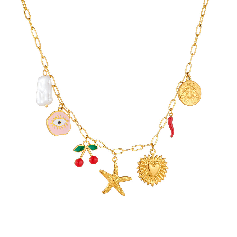 Fashionable and creative cartoon fruit cherry drip pendant heart eyes starfish stainless steel chain women's necklace