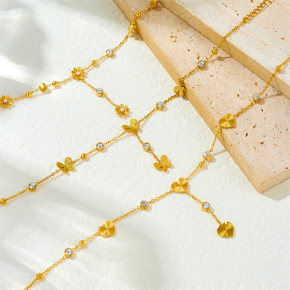 Cross-border fashion minimalist style dangling tassel stainless steel rhinestone-encrusted heart butterfly flower accessory gold-plated anklet