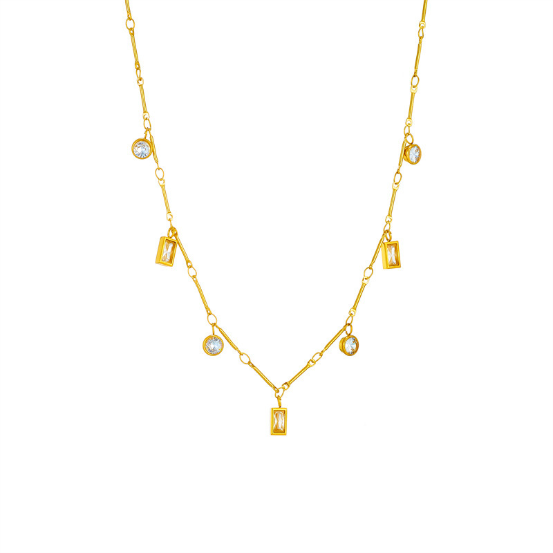 Japanese and Korean minimalist niche fashion square and round diamond-encrusted pendant chain titanium steel jewelry, versatile and exquisite small necklace.