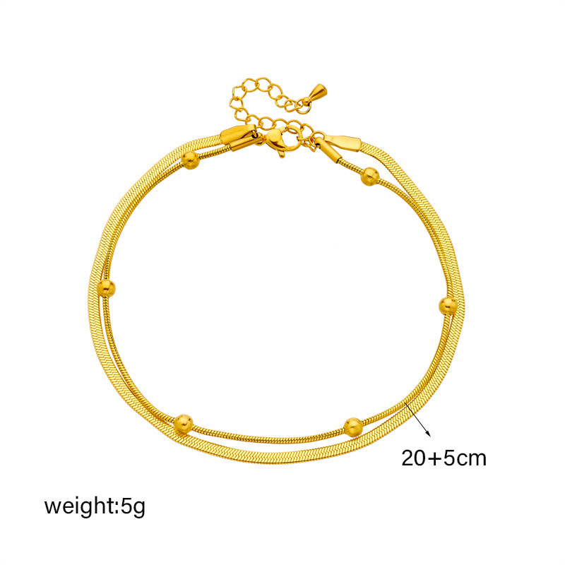 Cross-border fashion, simple and versatile, layered double-layer chain, round beaded accessories, stainless steel gold-plated anklet