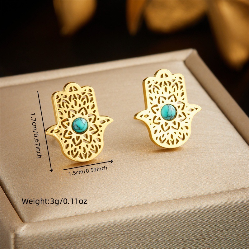 European and American cross-border fashion retro inlaid turquoise openwork palm accessory chain stainless steel necklace earrings