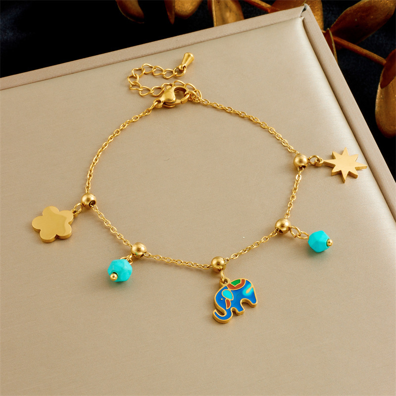 Stylish and versatile new bow pearl heart drop color-blocked elephant accessory stainless steel chain bracelet