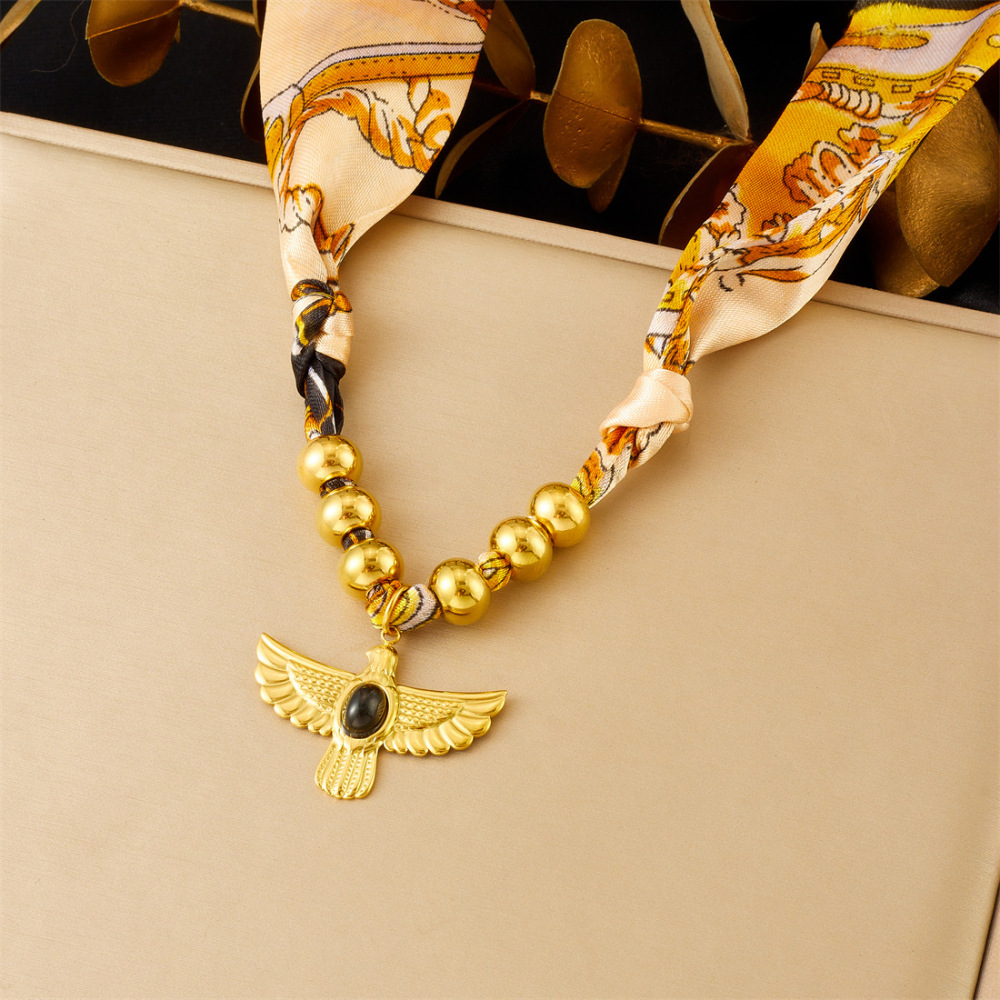 European and American style retro printed colorful ribbon cord gold-plated stainless steel heart cross bird necklace