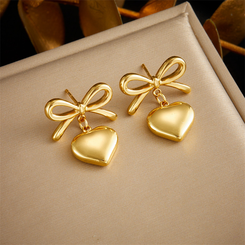 Korean-style trendy niche design gold-plated stainless steel bow heart pendant dangling earrings