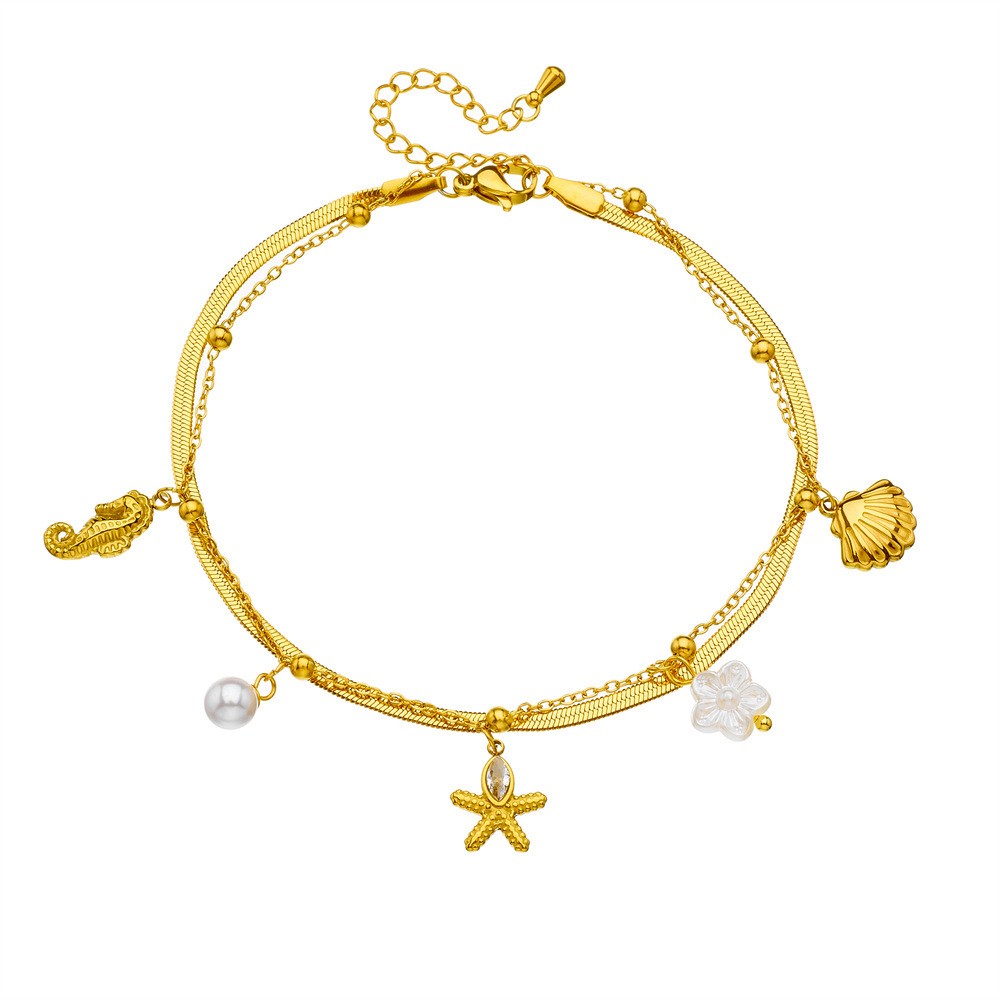 Cross-border fashion minimalist gold-plated beach style multi-layered marine life pendant seashell starfish stainless steel anklet