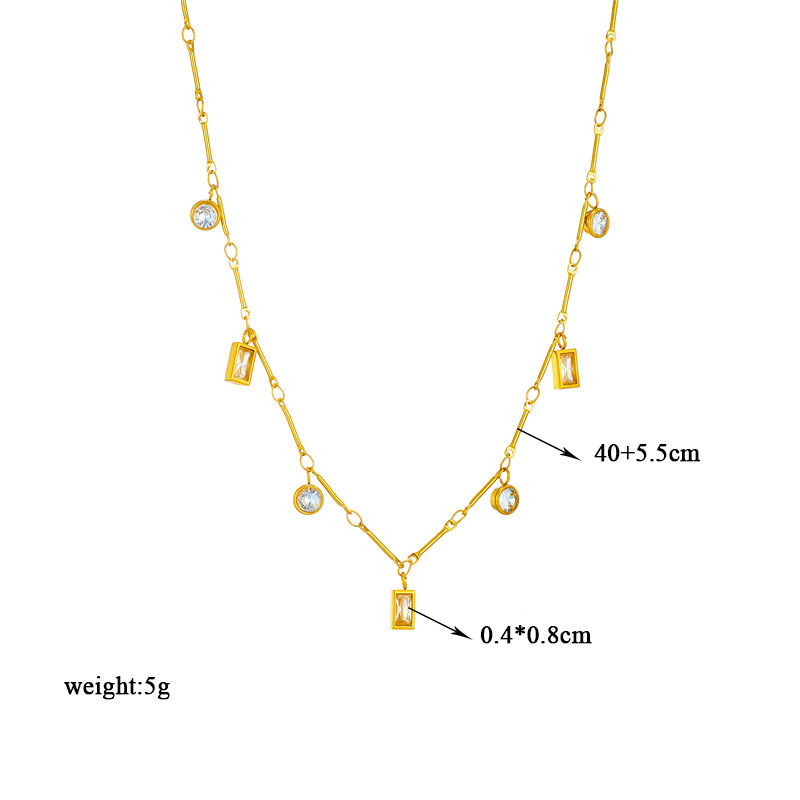 Japanese and Korean minimalist niche fashion square and round diamond-encrusted pendant chain titanium steel jewelry, versatile and exquisite small necklace.