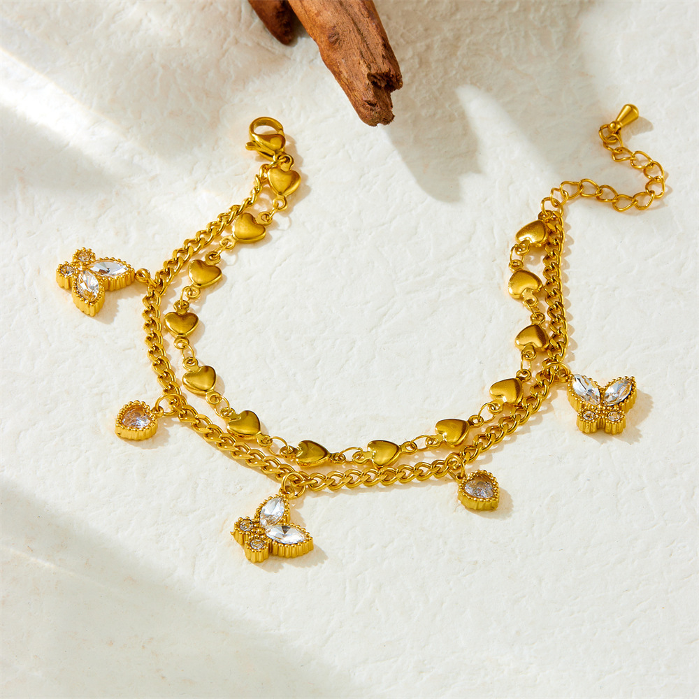 Cross-border fashion stainless steel heart double-layer stacked jewelry, diamond-encrusted butterfly heart, colorfast accessory bracelet