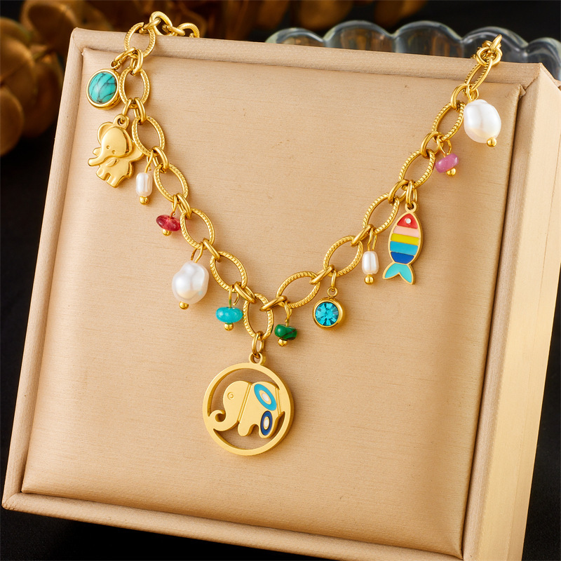 European and American style hollowed-out round brand epoxy elephant sweater chain stainless steel color-preserving accessory goldfish pendant necklace