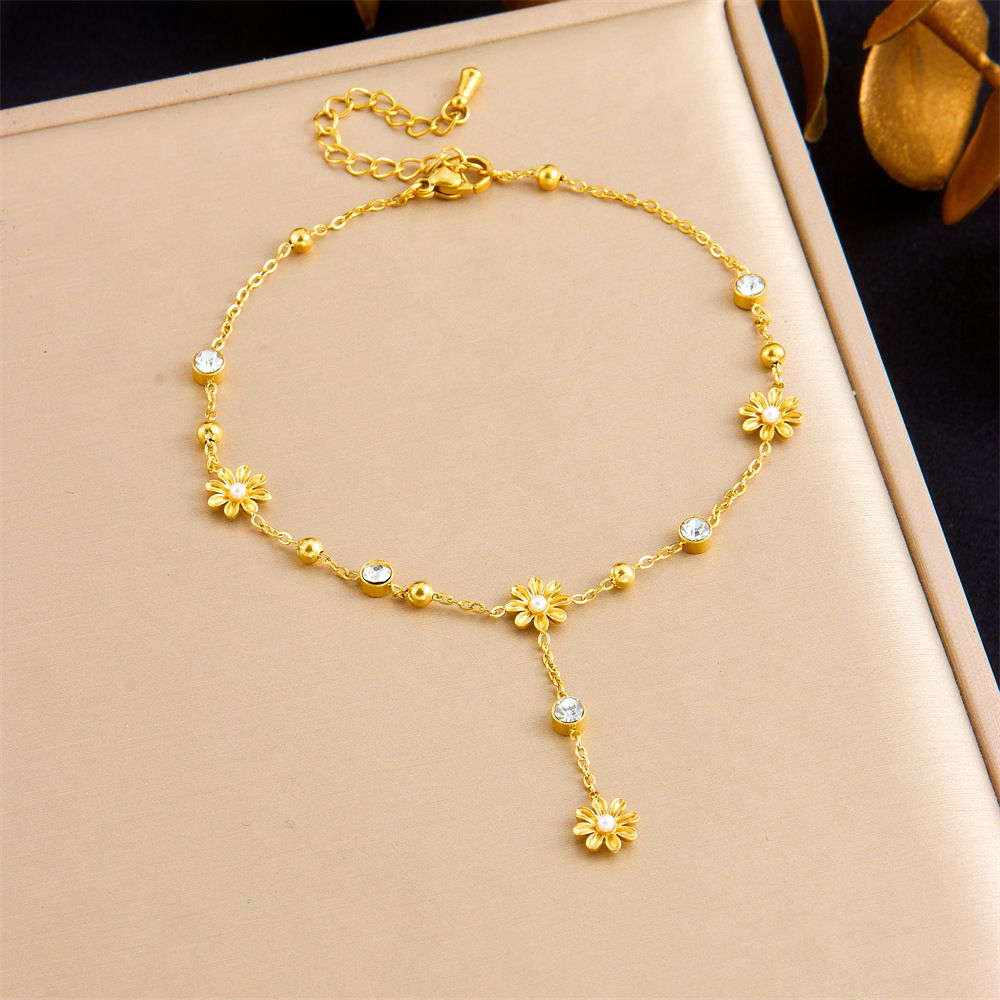 Cross-border fashion minimalist style dangling tassel stainless steel rhinestone-encrusted heart butterfly flower accessory gold-plated anklet