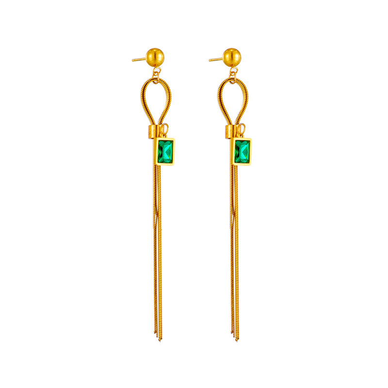 New European and American cross-border style titanium steel square green diamond long tassel simple retro dangling versatile stud earrings