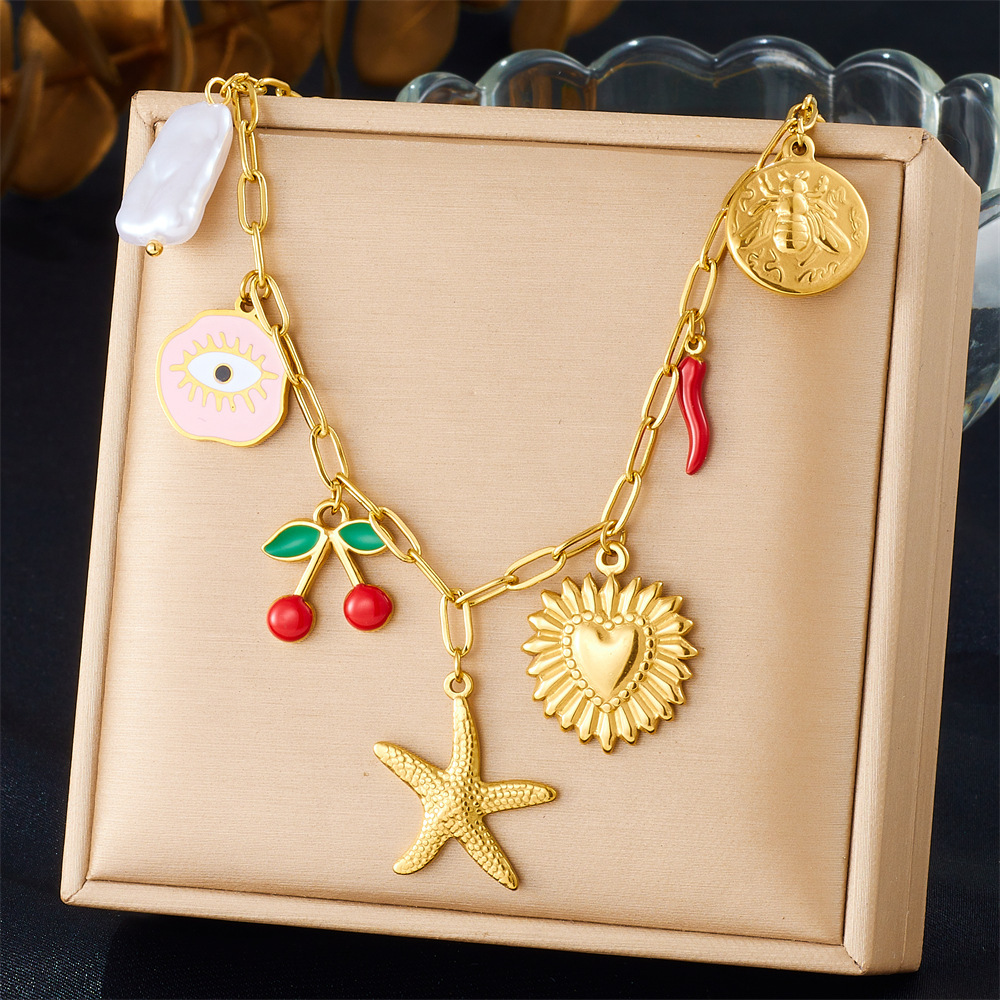 Fashionable and creative cartoon fruit cherry drip pendant heart eyes starfish stainless steel chain women's necklace