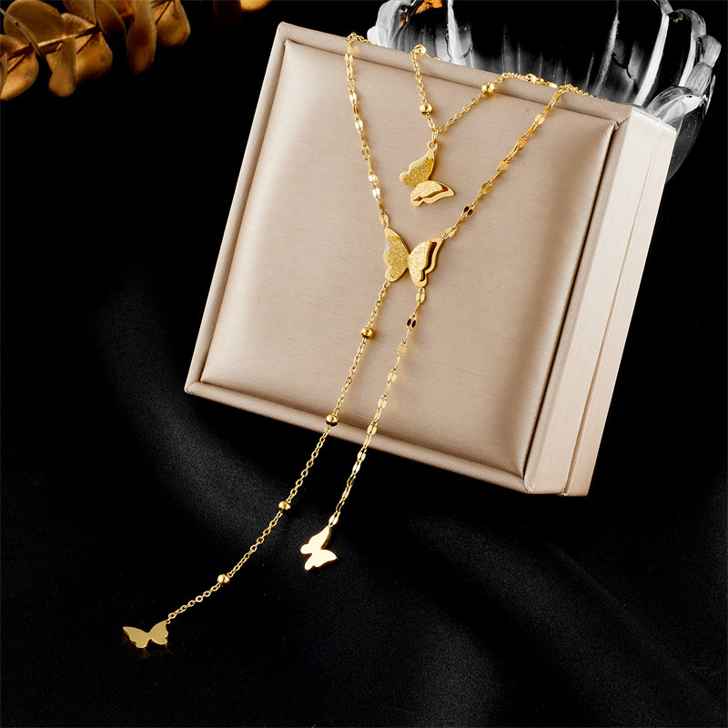 European and American style retro double-layered flower butterfly turquoise tree of life pendant chain tassel necklace